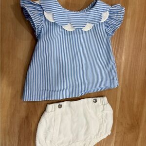 Jacadi Blue and White Striped Baby Top with White Bloomers
